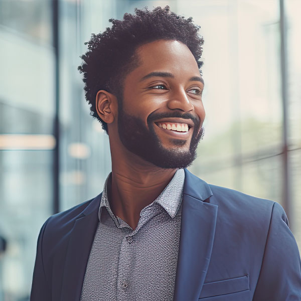 The image is a professional portrait of a man in a suit, smiling and looking off to the side.