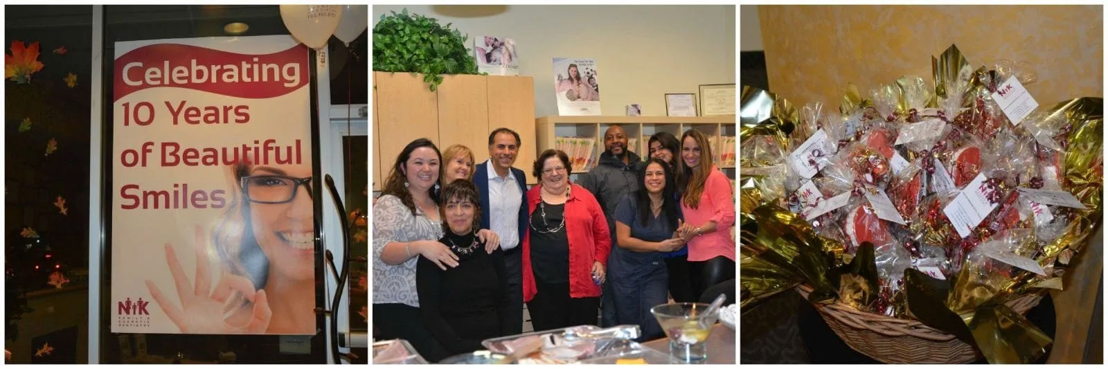 The image is a collage of three photos, each depicting different scenes. On the left, there s a photo of a person celebrating their 10th year as a dental hygienist with a sign that reads  Celebrating 10 years of beautiful smiles.  In the center, there s a photo of an event where guests are gathered around tables adorned with balloons and small gifts. On the right, there s a photo of a display with a card that says  Congratulations on your 10th year as a dental hygienist,  accompanied by a bouquet of flowers and a gift bag. The collage is likely used for promotional or celebratory purposes related to the dental hygiene profession.