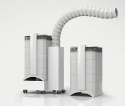 A photograph of a modern industrial vacuum cleaner system with three cylindrical tanks, one large central unit and two smaller side units, all connected by white tubes, displayed against a plain background.