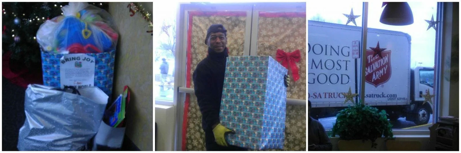 This image is a collage of three photos. The top photo shows a person standing in front of a Christmas tree with presents and decorations around it. The middle photo features a man holding a large wrapped gift, possibly indicating a holiday celebration or gift-giving event. The bottom photo displays a room with a trash can and some items on the floor, which might suggest a temporary storage area or a space undergoing renovation or reorganization.