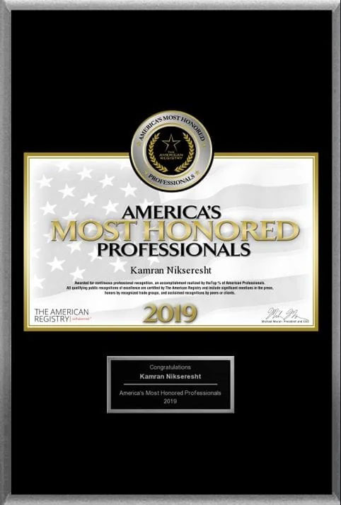 Award certificate for  America s Most Honored Professionals 2019 , recognizing Kamin Nikolskii as a top-rated professional in the field of American West Professional.