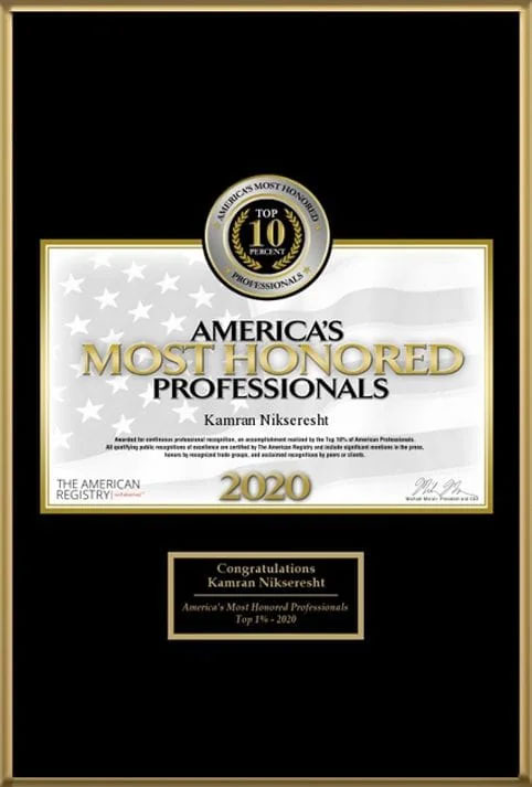 A framed certificate acknowledging an individual s professional recognition as  America s Most Honored Professionals  for 2020, presented by the American Institute of Professional Growth.