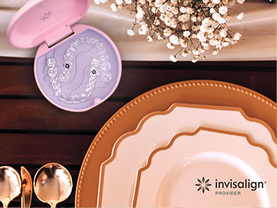 An advertisement showcasing a collection of dinnerware and a dental impression kit, with a focus on the products  design and branding.