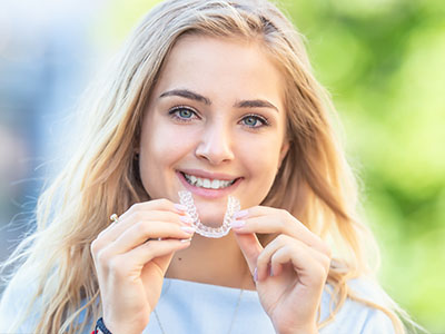 A young woman is smiling and holding up a toothbrush with a smiley face on it, set against a blurred outdoor background.